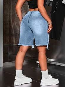 Jeanoix Plus Size Distressed Fashion Summer Frayed Hem Casual Versatile Denim Shorts - Blue - View 2