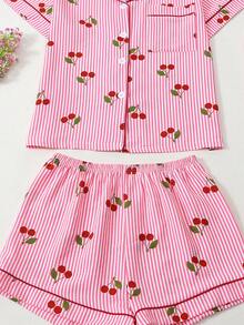 Joivida 2-Piece Pajama Set Short-Sleeved Shorts Striped Cherry  Print Casual Women's Home Wear Set - Pink - View 9