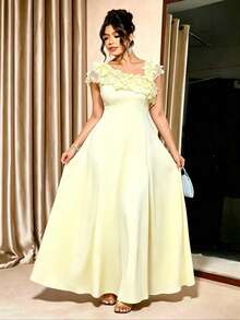 Cravure 大尺碼女款斜肩花卉3D網格拼接針織洋裝，優雅浪漫復古奢華，晚禮服、派對洋裝、約會洋裝 - 黃色 - 查看 4