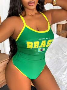 Slaydiva 2026 New Spring & Summer Plus Size Women's World Cup Atmosphere High Neck Sexy Slimming One-Piece Swimsuit For Beach & Pool - Multicolor - View 3