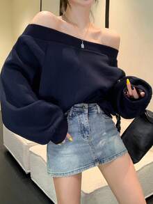 Joudiya Women Off Shoulder Long Sleeve Sweatshirt,Long Sleeve Tops,Fall Clothes - Navy Blue - View 6