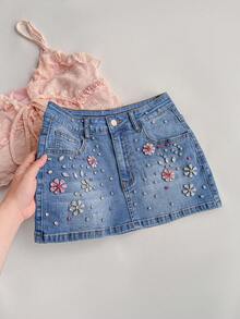 Elamini Chân váy mini denim cạp thấp đính đá lấp lánh - Màu xanh lam - Xem 3