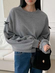 DAZY Contrast Color Bow Decor Loose Fit Crew Neck Pullover Sweatshirt For Women,Long Sleeve Tops,Fall Clothes - Dark Grey - View 9