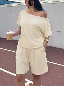 Muchica Apricot Plus Size Solid Color Asymmetrical Shoulder Short Sleeve Loose 2 Pieces Set, Comfortable For Summer - Apricot - View 1
