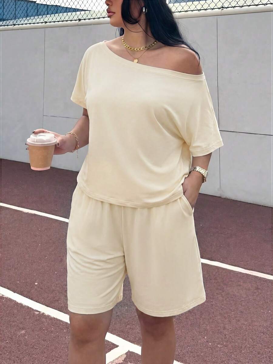 Muchica Apricot Plus Size Solid Color Asymmetrical Shoulder Short Sleeve Loose 2 Pieces Set, Comfortable For Summer - Apricot - View 1