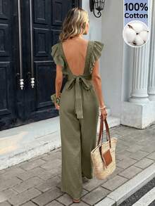 Serisse Women's Solid Color Round Neck Cap Sleeve Jumpsuit - Army Green - View 4