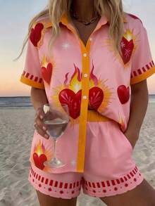 Vaclyn Women's Heart Print Short Sleeve Shirt And Shorts Casual Suit - Pink - View 4