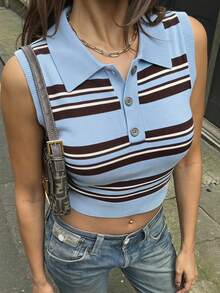 SHEIN EZwear 女士条纹 Polo 领无袖短款针织上衣 - 彩色 - 查看 3