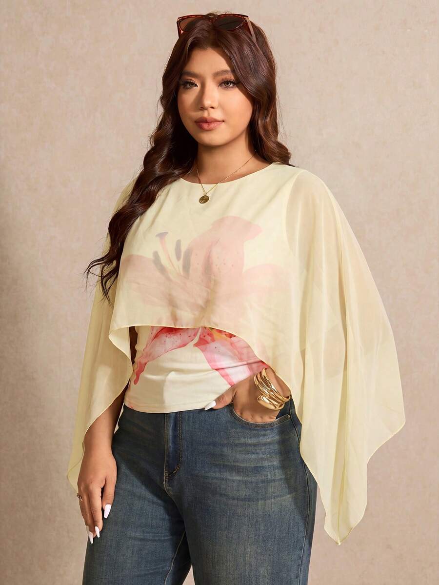 Elaquor 大码女式印花圆领优雅夏季上衣 - 彩色 - 查看 1