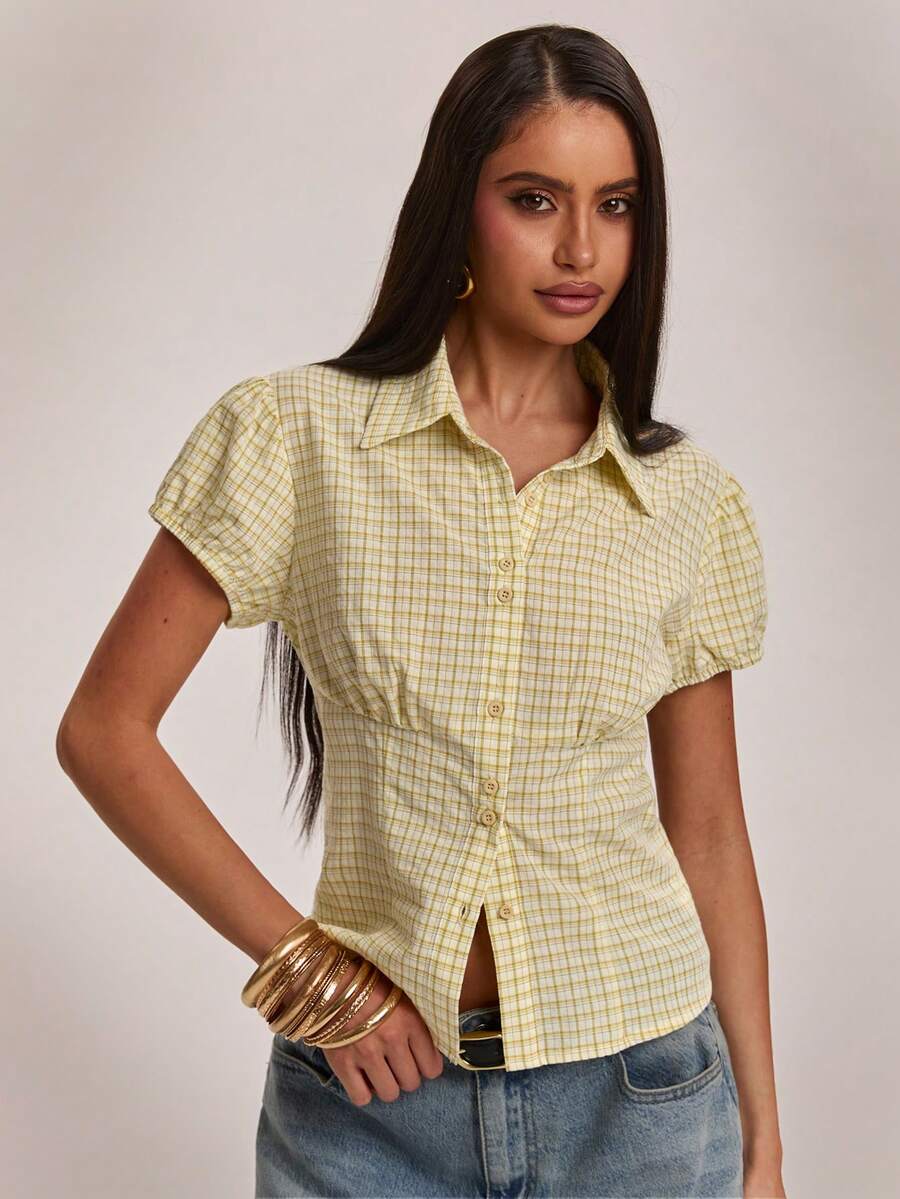 SHEIN BAE 女款休閒日常百搭 Y2K 開襟襯衫,適合黃色格紋上衣,夏季襯衫,通勤襯衫,休閒襯衫,工作襯衫 - 黃色 - 查看 1