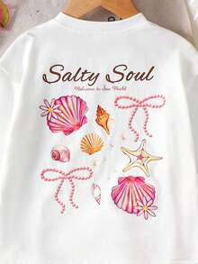 SHEIN 2件組少女奶油白與亮粉色蝴蝶結條紋、Salty Soul甜美海星貝殼珍珠蝴蝶結圖案休閒圓領短袖T恤與短褲套裝，適合春夏季日常穿著、街頭風、度假、農場、度假村 - 彩色 - 查看 3