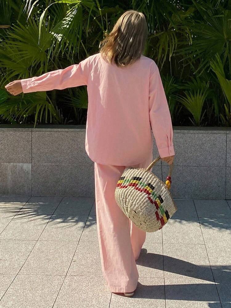 2pcs/Set Women Solid Color Loose Long Sleeve Shirt And Straight Leg Pajama Pants, Summer Sleepwear Set