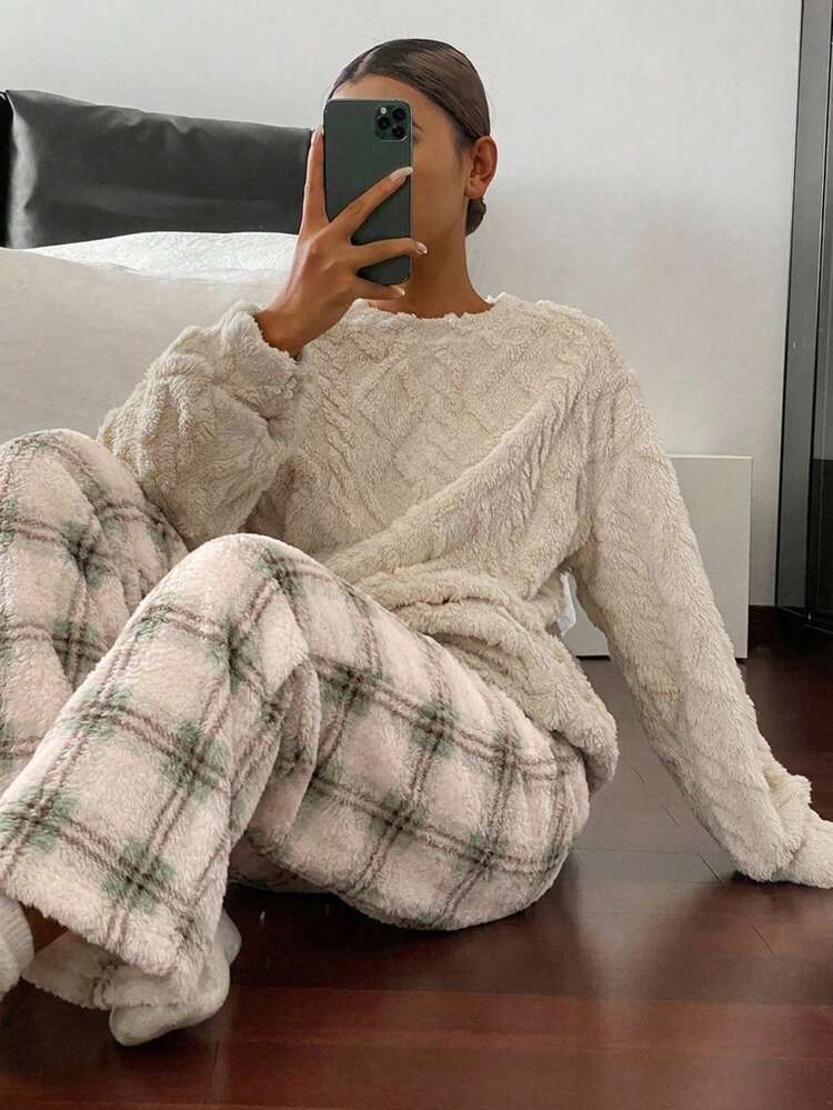 Women's Loose Fit Plush Rhombus Textured Solid Color Top And Plaid Pajama Pants Set, Winter