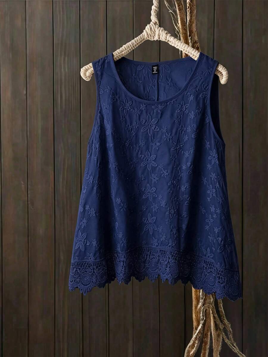 SHEIN LUNE CURVE 大码女式春夏刺绣无袖圆领修身背心，百搭时尚 - 藏蓝色 - 查看 1