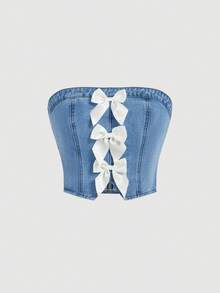 SHEIN MOD Women's Bow Decor Tube Top And Wide Leg Jeans Casual Y2k Cute Suit Back-To-School Everyday Date Sky Blue Aqua Blue Summer - Blue - View 3
