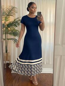 SHEIN Lady CURVE Plus Size Round Neck Short Sleeve Striped Casual Long Dress For Summer - Multicolor - View 3