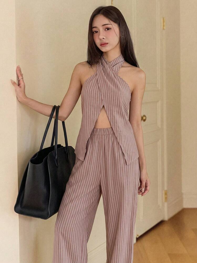 2pcs Women Casual Striped Backless Halter Top And Pants Set Lounge Sets For Women Summer
