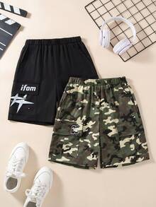 2pcs Boys' Cargo Shorts,Spring/Summer Oversized Pockets 23 Logo Decor Relaxed Casual Streetwear Beach Darkgreen Chic Style For Daily Wear - Multicolor - View 4