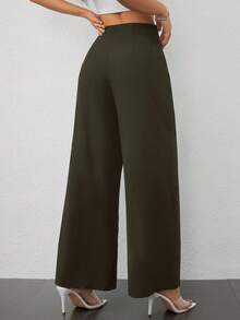 SHEIN PETITE 女款簡約休閒時尚返校季老錢風通勤高腰紋理寬腿長褲，適合嬌小女性 - 0.霧綠 - 查看 2