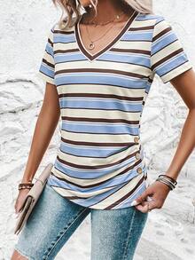 SHEIN Clasi Camiseta de mujer de manga corta con cuello en V a rayas - Multicolor - Ver 6