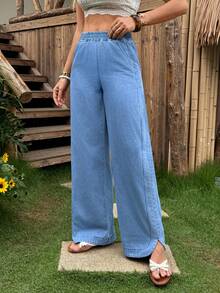 Breezaya Quần jeans nữ ống rộng, cạp chun, có túi, dáng rộng, phong cách thường ngày. - Màu xanh lam - Xem 4