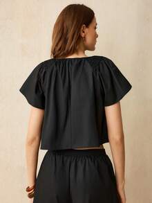 SURIMA Women's Solid Color Short Sleeve Round Neck Fitted Top - Black - View 2