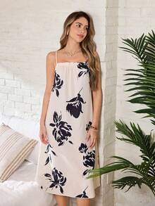Serenescape Vacation Style Pink Floral Base Floral Print Ruched V-Neck Slip Dress For Women Sleep Summer Elegant - Apricot - View 5