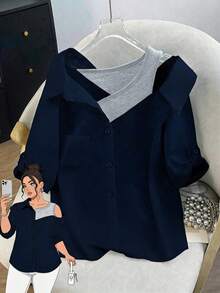 GlowEve CURVE Plus Size Summer Casual Contrast Color 2 In 1 Front Button Pocket Shirt - Multicolor - View 1