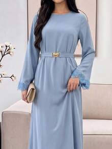 Veilorie Elegant Arabic Style Floral Patchwork Round Neck Waist Cinched Long Sleeve Dress - Blue - View 1