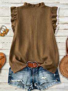 Linhara Plus Size Women Summer Floral Print Ruffle Trim Notched Neck Cap Sleeve Blouse - Brown - View 2