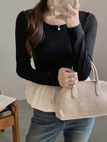 DAZY Women Crew Neck Colorblock Long Sleeve T-Shirt,Ruffle,Fall Clothes - Black and White - View 4
