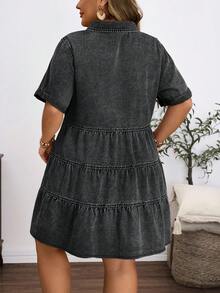 EMERY ROSE Plus Size Women's Vintage Washed Denim Snowflake Print Dress, Spring/Summer - Black - View 2