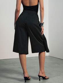 Hauture Women's Casual Office Striped Tailored Wrap Wide Leg Trousers Shorts, Old Money Commuter, Sophisticated Shorts For Work, Brunch, Baby Showers - Black - View 5