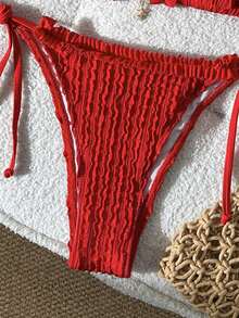 Swim Mod Women's Solid Color Jacquard Fabric Halter Metal Decor Ruffle Bikini Set, Spring/Summer - Red - View 5