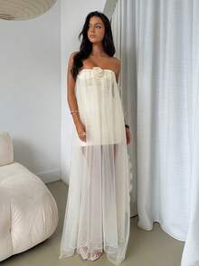 Firerie 女士优雅浪漫精致度假婚礼宾客约会派对舞会礼服薄纱荷叶边无肩带连衣裙,杏色,春夏 - 杏色 - 查看 6