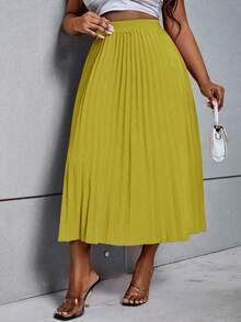 SHEIN Clasi Plus Size Solid Color Elegant Pleated Zip-Up Skirt, Spring/Summer - Yellow - View 6
