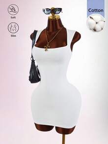 Amplova Vestido mini ajustado de cuello cuadrado con tirantes anchos - Blanco - Ver 4
