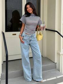 Siren Gaze Áo thun ngắn tay cổ cao kẻ sọc màu nâu phong cách thanh lịch casual, dáng ôm crop top, trang phục mùa hè mùa đông, phong cách đi làm, influencer, đi chơi Y2K - Nhiều màu - Xem 6