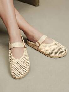 Solecia Women's Spring And Summer Hollow Woven Mesh Square Buckle Design Woven Hemming Flat Bottom Breathable Light And Comfortable Apricot Women's Casual Shoes Suitable For Travel, Vacation And Travel - Apricot - View 8