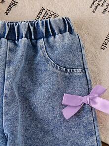 SHEIN Playful Pals 女婴红色罗纹短袖T恤和蓝色蝴蝶结长裤两件套休闲装 - 紫色 - 查看 5
