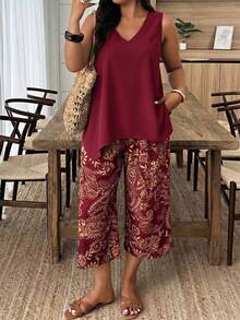 Weeklong Plus Size Women's V-Neck Irregular Hem Sleeveless Blouse And Solid Color Capri Pants 2-Piece Set, Spring/Summer - Burgundy - View 5