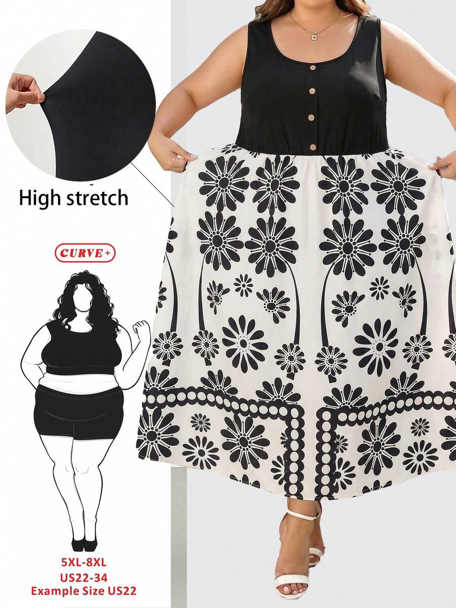 SHEIN CURVE+ 大码女式纯色基础款无袖连衣裙 - 彩色 - 查看 1