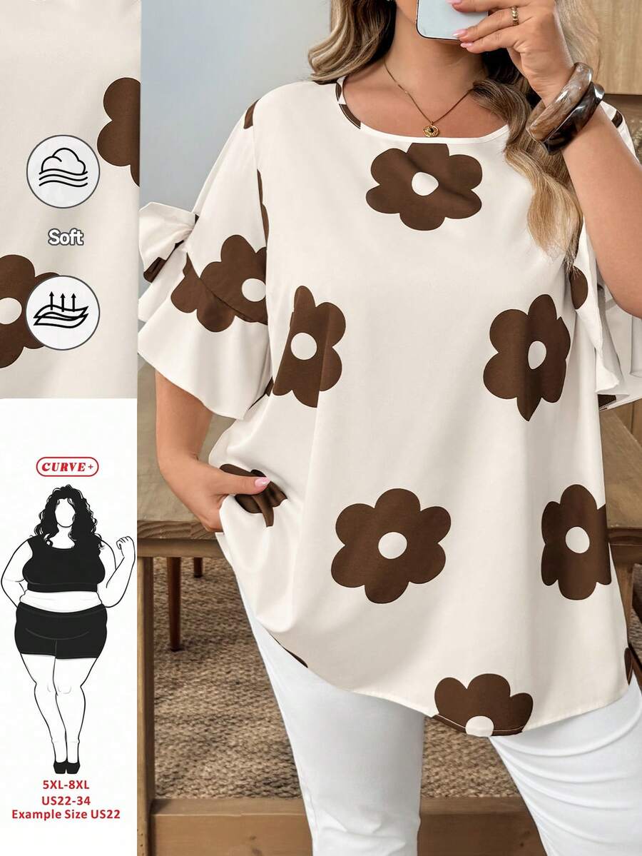 SHEIN CURVE+ Curve 尺码 US22 音乐节、海滨度假、波西米亚风女士蝴蝶结装饰圆领紫红色衬衫,夏季 - 彩色 - 查看 1