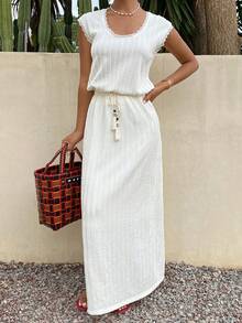 Livesso Women's Summer Casual Boho Vacation Solid Color Textured Fabric Lace Trim Top And Tassel Drawstring Waist Skirt 2-Piece Set Beach Brunch All White - White - View 1