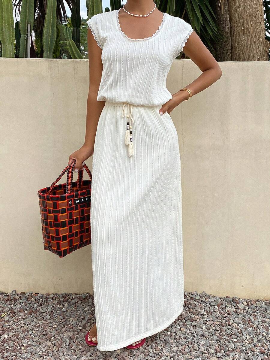 Livesso Women's Summer Casual Boho Vacation Solid Color Textured Fabric Lace Trim Top And Tassel Drawstring Waist Skirt 2-Piece Set Beach Brunch All White - White - View 1