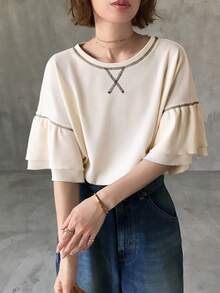 FRIFUL Women's Casual Loose Fit Round Neck Ruffle Sleeve T-Shirt Summer - White - View 4