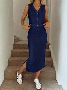 SHEIN LUNE Women's Casual Button Cardigan Vest And Mini Skirt 2 Pieces Set, Suitable For Spring And Summer,Summer Outfits For Women - Blue - View 5