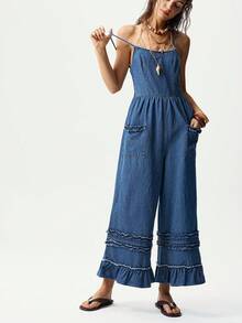 Bohemela Casual Solid Color Woven Loose Fit Women's Jumpsuit - Blue - View 4