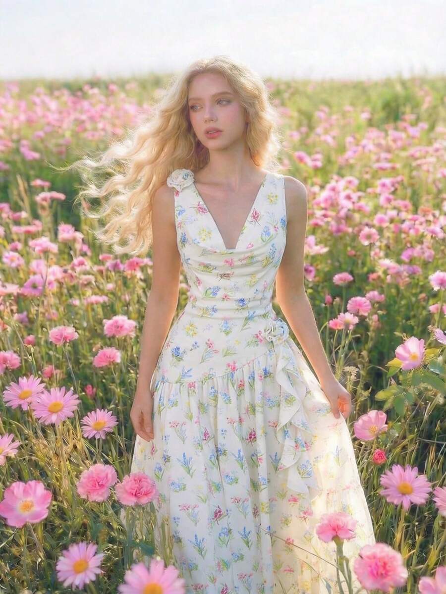 SHEIN MOD 深V领3D立体花朵荷叶边连衣裙 - 彩色 - 查看 1
