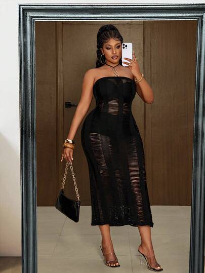 Maweii Plus Size Women's Sexy, Chic, Streetwear, Elegant, Elegant, Y2K Design Mesh, Sequin, Strapless, Metal Decor, Hollow, Distressed, Bodycon Sweater Dress, Suitable For Holidays, Parties, Nightclubs, Spring/Summer